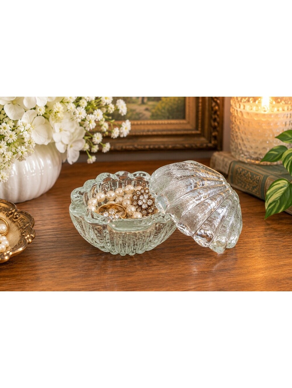Vintage Clear Pressed Glass Seashell Trinket Box Lidded Clam Shell Dish